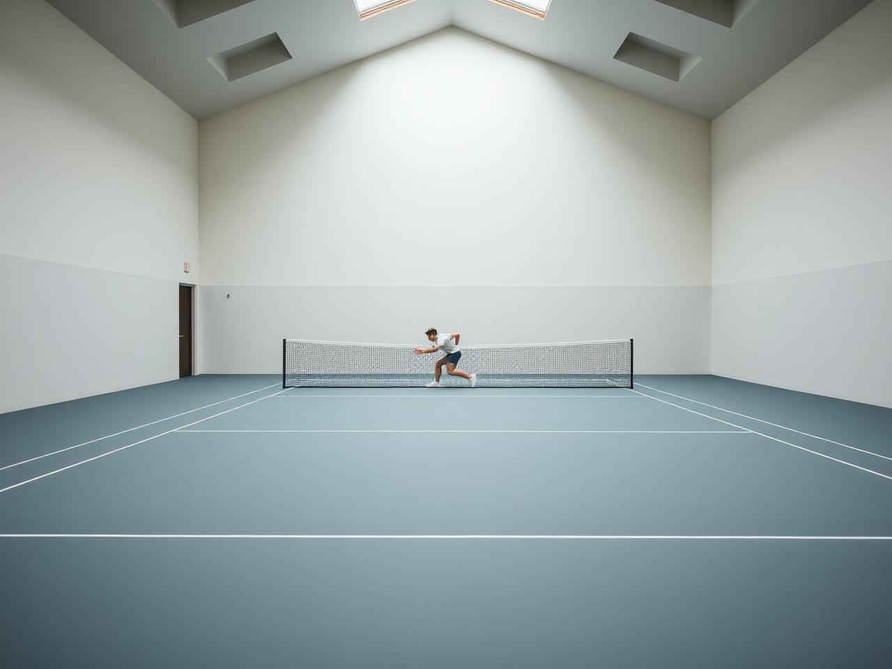 Tennis player training on a quiet indoor court